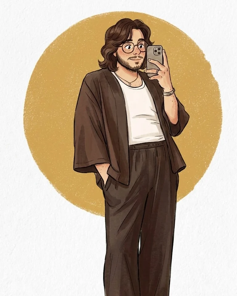 Ilustración de Alfonso haciéndose una foto en el espejo, con kimono marrón y pantalón ancho